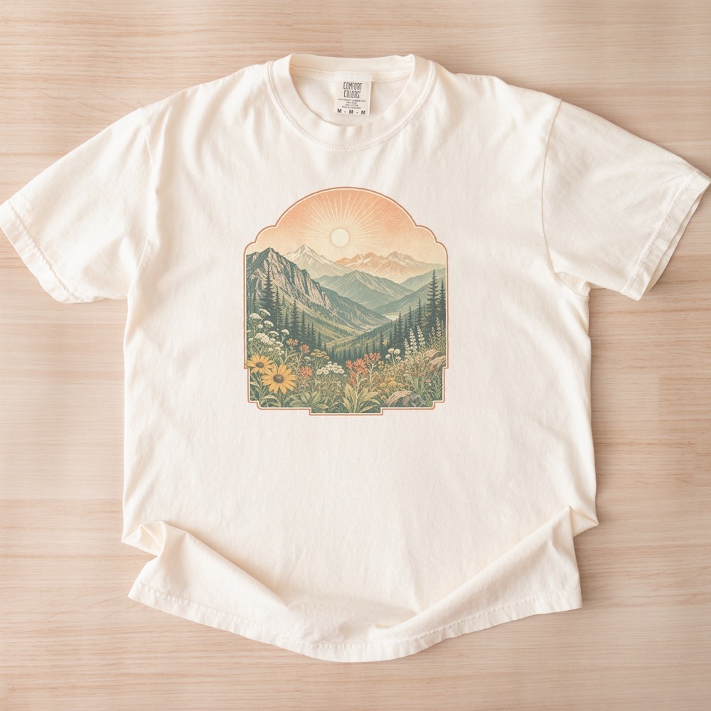 Wildflower Meadow Rising Into Snow-Capped Peaks Badge Tee